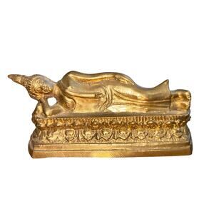 Sleeping / Resting Buddha Statue Brass Sculpture Home Office Shelf Decor 3.5”